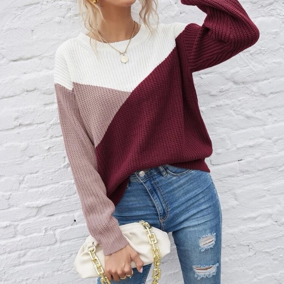 Gray white color block knit sweater top - Picture 4 of 14